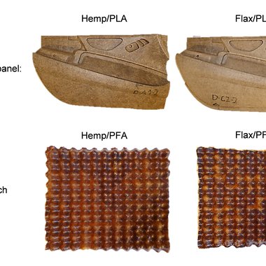 Demonstratoren, im System4green Projekt hergestellt. Oben: vollständig biologisch abbaubare Autotürinnenverkleidung, unten: biobasiertes sandwich core material