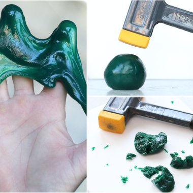 Dilatante Fluide, die einerseits in den Händen zerfließen und sich andererseits beim Schlag mit einem Hammer verfestigen und den Untergrund schützen.