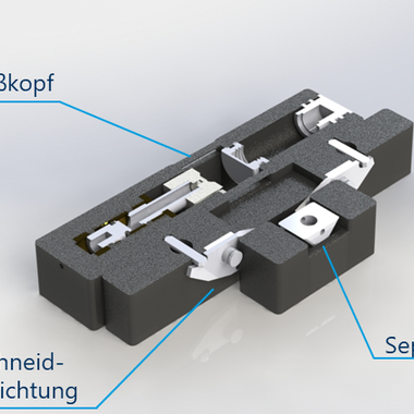 CAD-Darstellung einer Vorrichtung zur Herstellung eines alternierenden Schussfadens © ITM,TU Dresden, Airbond Spli