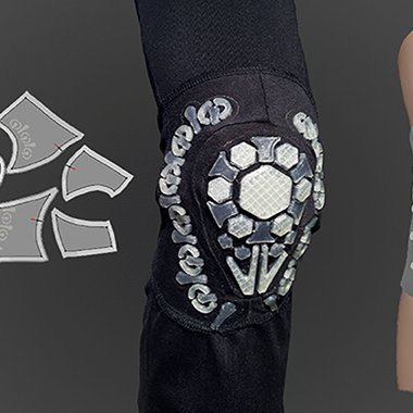 Aufteilung der einzelnen Knieschoner-Elemente auf dem Schnittmuster, fertiger Knieschoner mit seinen 3D-gedruckten Strukturelementen und Simulation des Produkts