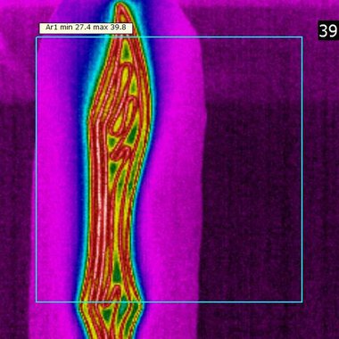 Wärmebildkamera-Aufnahme einer beheizbaren Klinge (bestickte Grünfolie)