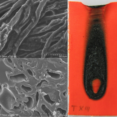 Foto und REM eines mit Polyphosphazenen ausgerüsteten Polyester/Baumwoll-Mischgewebes nach einem Abrenntest in Anlehnung an DIN EN ISO 15025