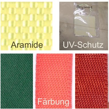 Das Bild zeigt die Ergebnisse von Färbungen mit Reaktiv- und Direktfarbstoffen (unten) sowie eine bewetterte Probe, die mit UV-Absorbern ausgerüstet ist.