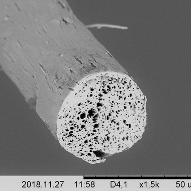Es ist der Querschnitt einer mikroporösen Faser dargestellt, die mit wirkstoffhaltigem Gel befüllt für die anhaltende Wirkstoffabgabe eingesetzt werden kann.